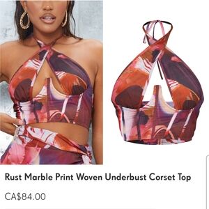 Pretty Little Thing Corset Top Underbust Wire Zip Up Rust Marble Print Size 10